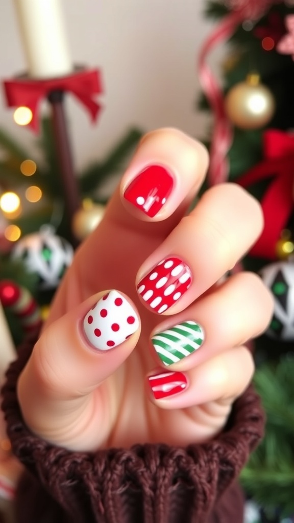 Short preppy Christmas nails with red, green, and white designs, featuring stripes and polka dots.